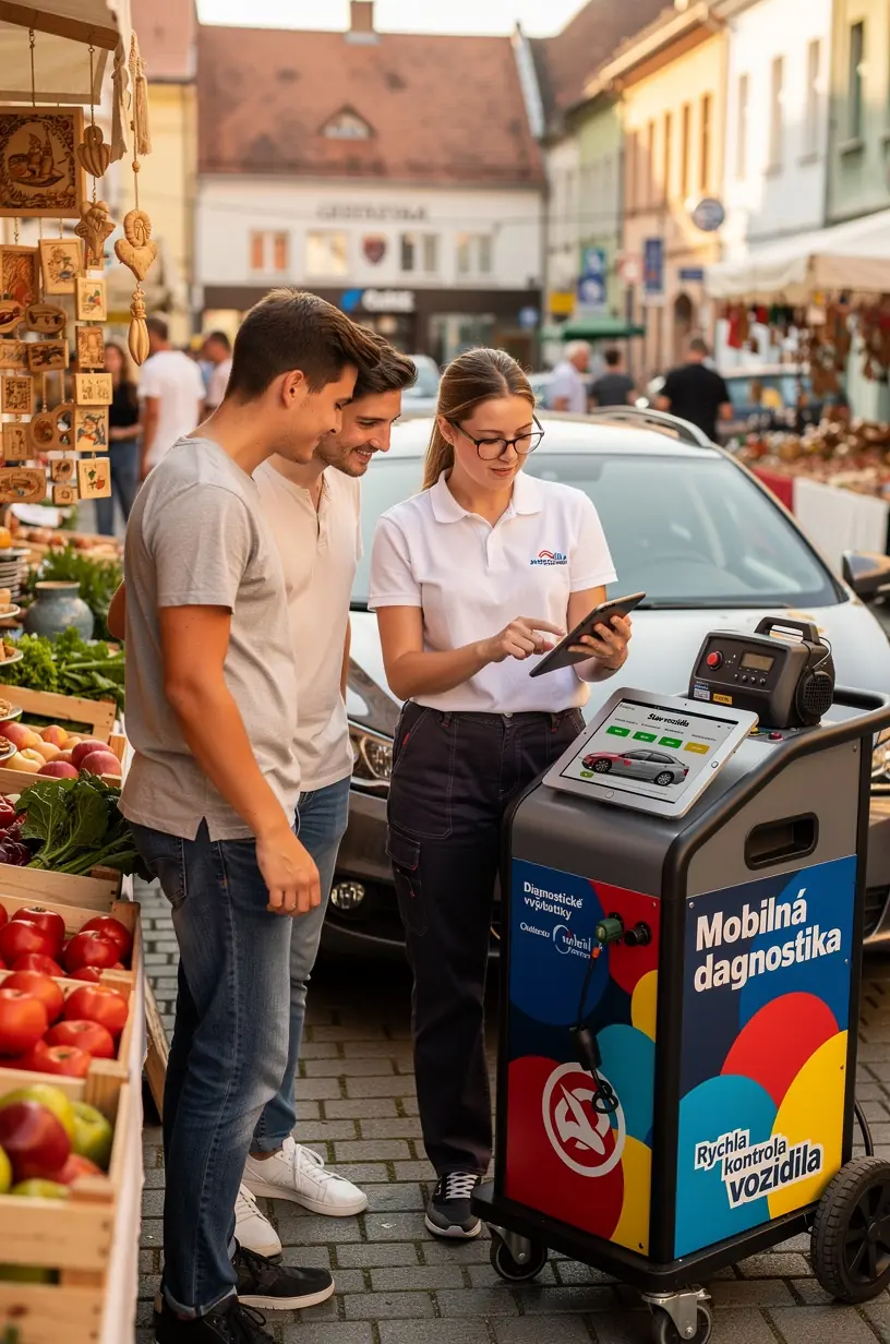Automechanik využíva moderné digitálne prístroje na rýchlu identifikáciu poruchy vozidla na parkovisku.
